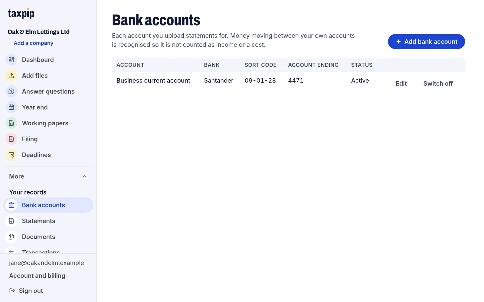 The Bank accounts page listing one business current account with its bank, sort code and the last four digits of its number.