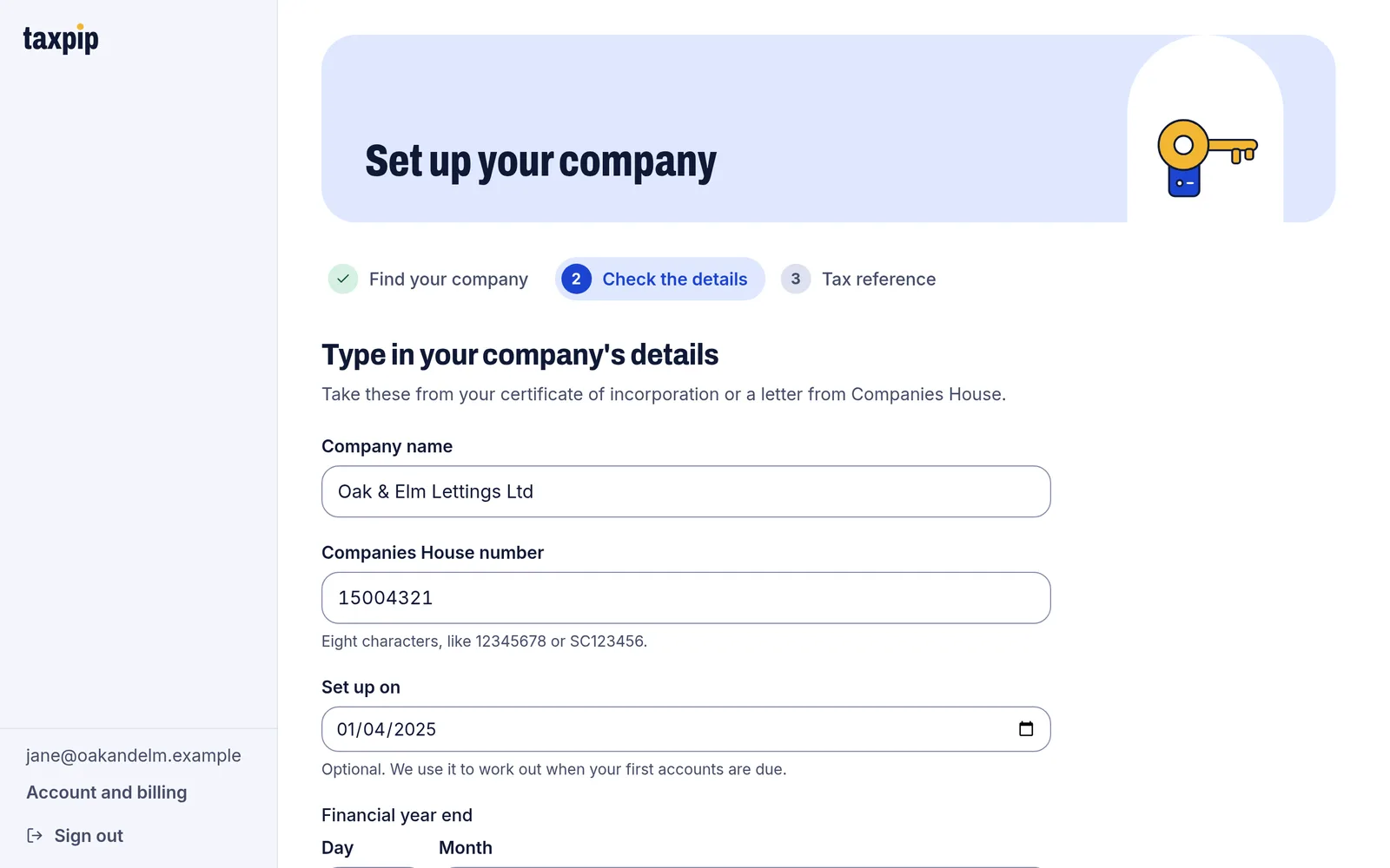 The second set-up step, with the company's name, its Companies House number and the date it was set up filled in.
