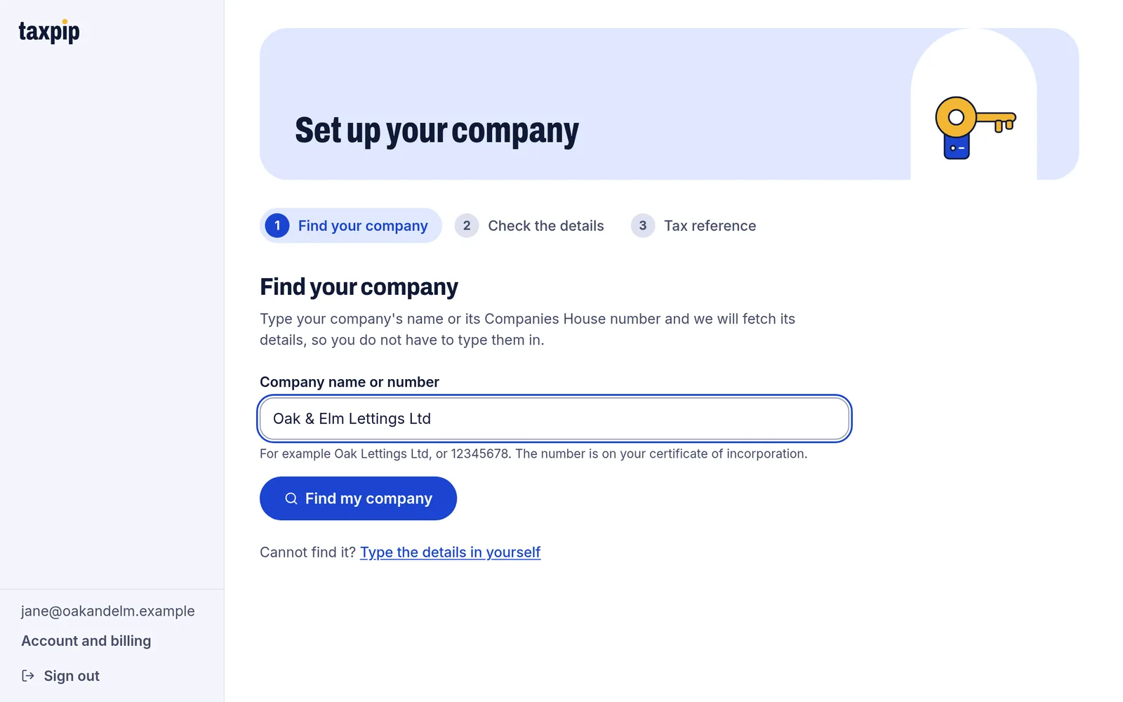 The first of three set-up steps, Find your company, with the name of an example company typed into the search box.