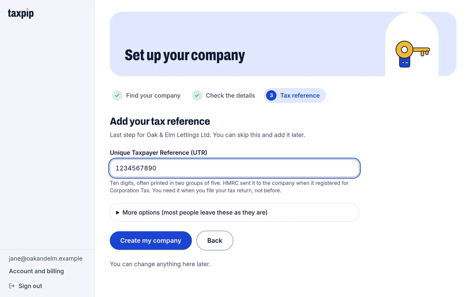 The third set-up step, asking for the company's Unique Taxpayer Reference, with a note that it can be skipped and added later.