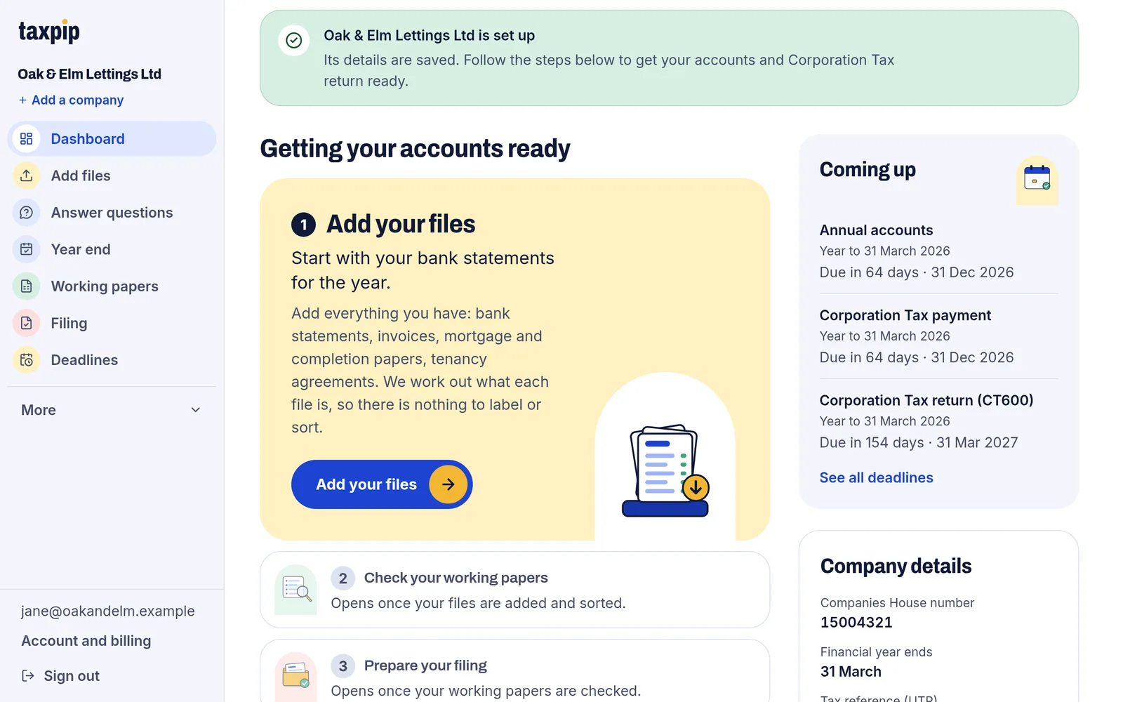 The company's dashboard with a notice that the company is set up and a large button to add your files.