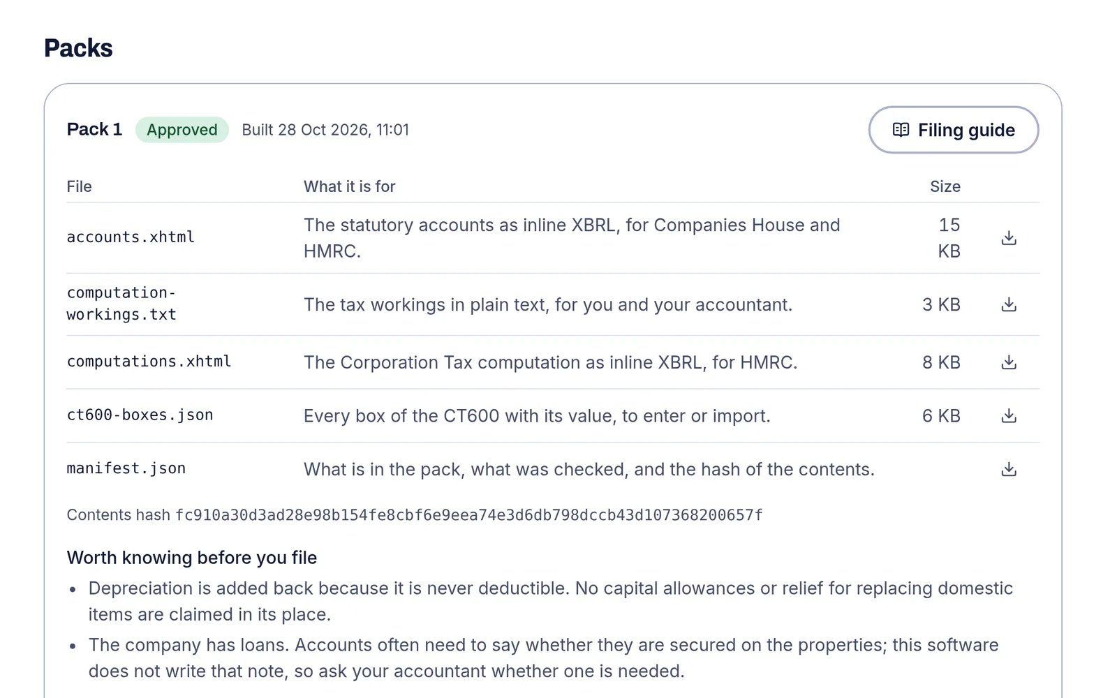 The Filing page with an approved pack and its list of files: the accounts, the tax workings, the Corporation Tax computation, the CT600 boxes and a manifest.