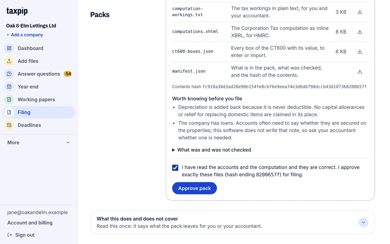 The new pack, with the tick box saying the accounts and the computation have been read and are correct, and an Approve pack button.
