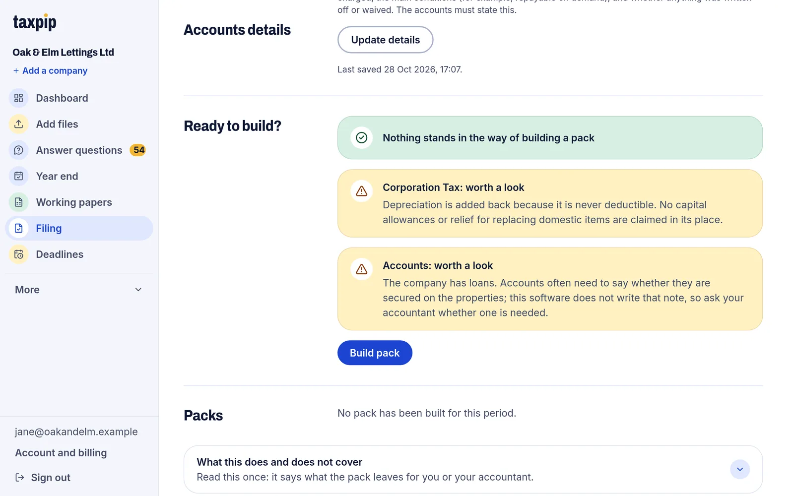 The Filing page under Ready to build, with a notice that nothing stands in the way of building a pack, two notes to read and a Build pack button.