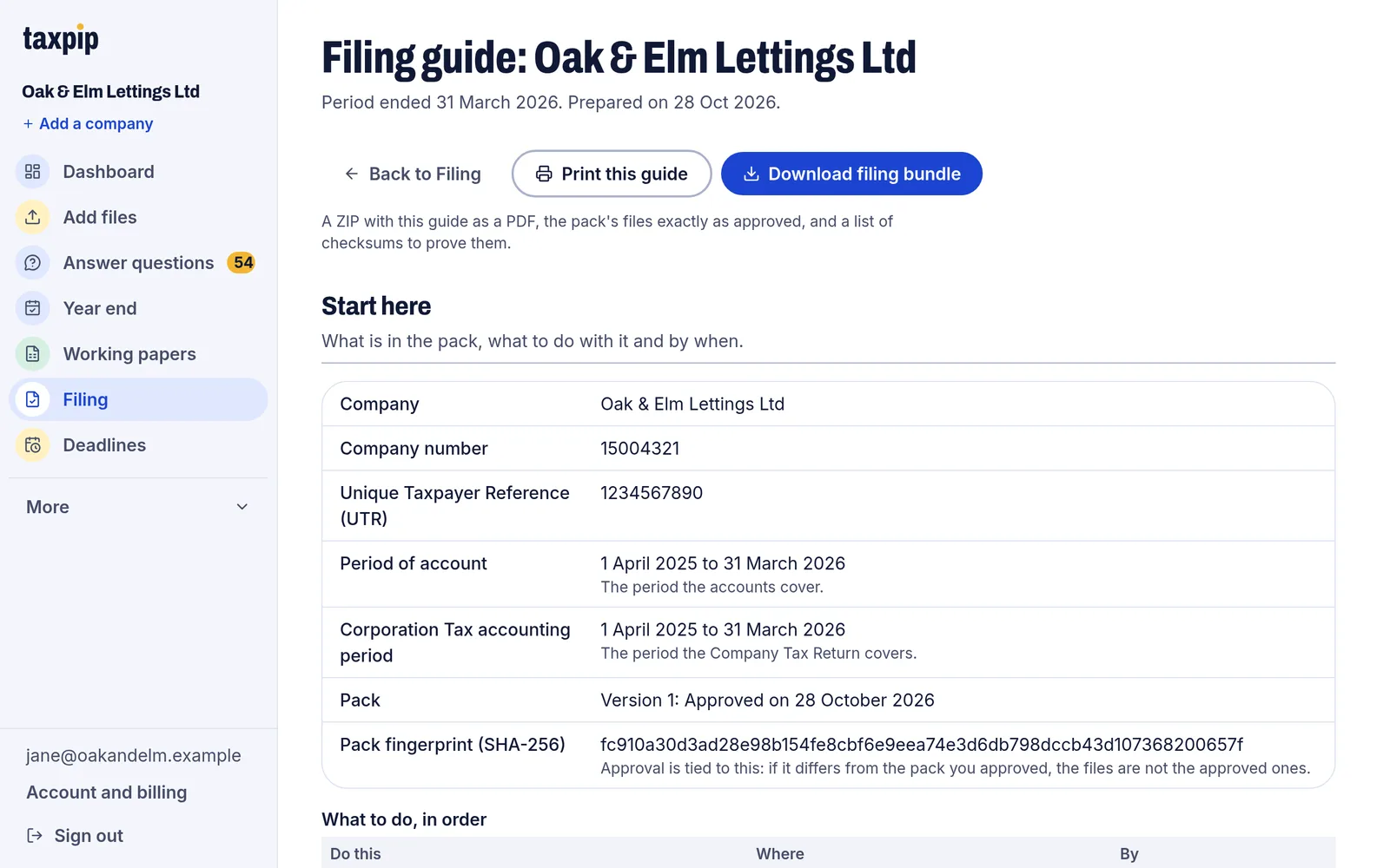 The filing guide for the pack: the company, its number, the period, the pack's fingerprint, and what to do in order.