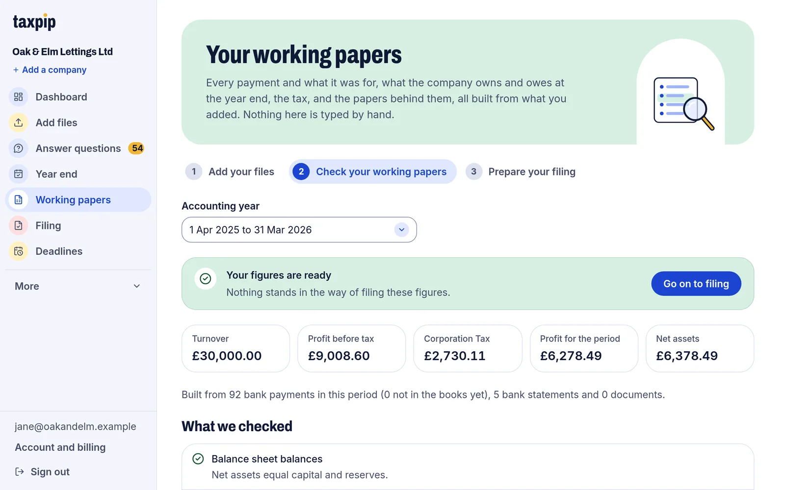 The Working papers page with a green notice that the figures are ready, above the main figures for the year and a button to go on to filing.