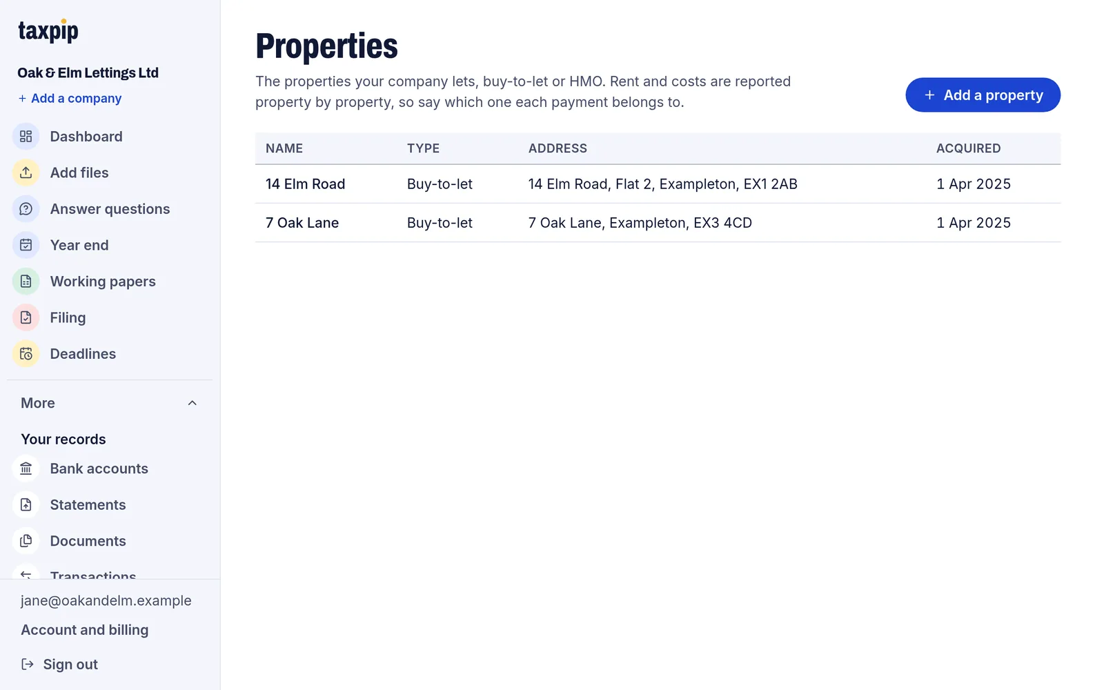 The Properties page listing two example buy-to-let properties, each with its address and the date it was acquired.