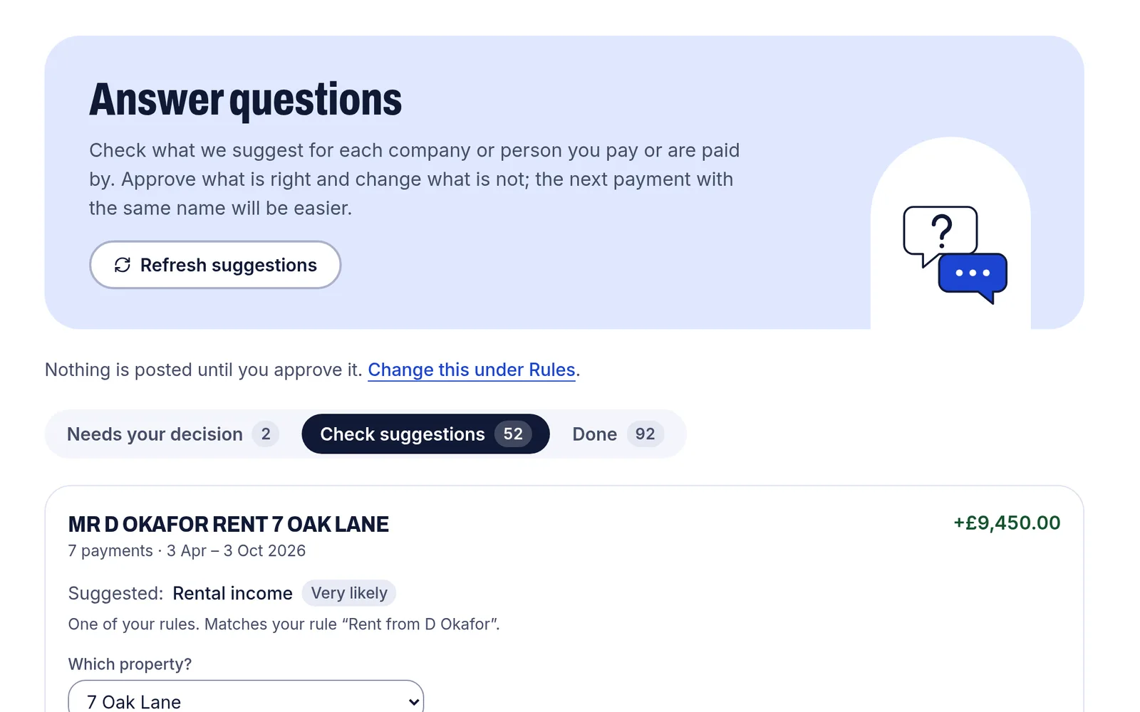 The review page for an example property company. A payee, rent from a tenant, shows the suggested category Rental income, the rule it matched and an Approve button.