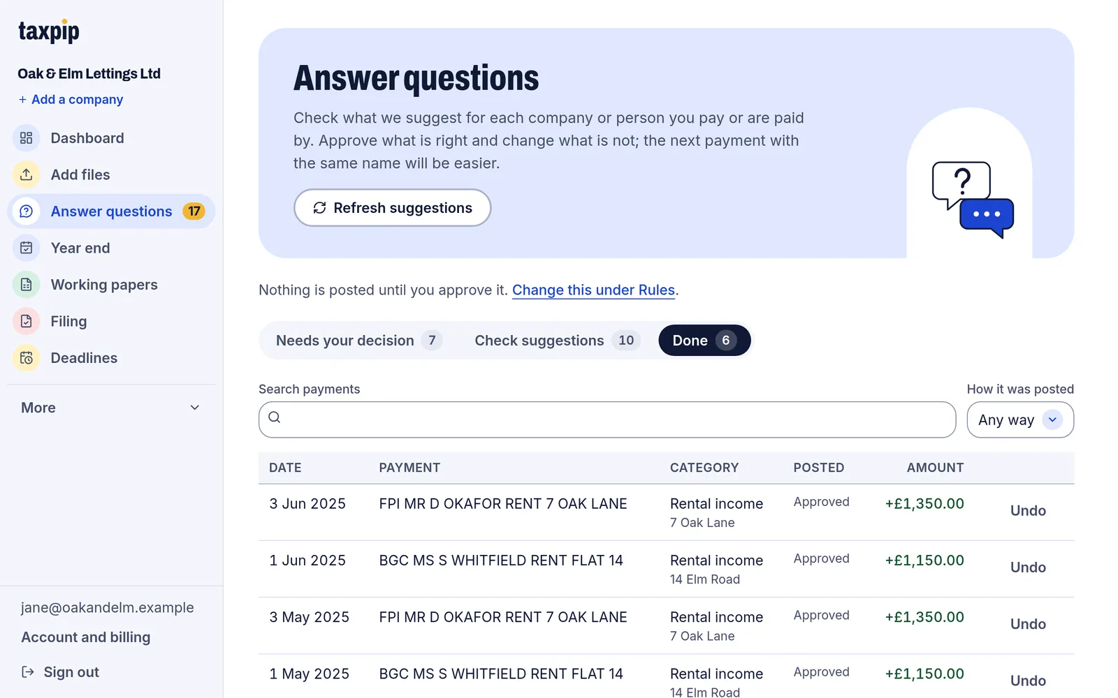 The Done tab of the same page, listing approved payments with their category, property and amount, and an Undo button on each.
