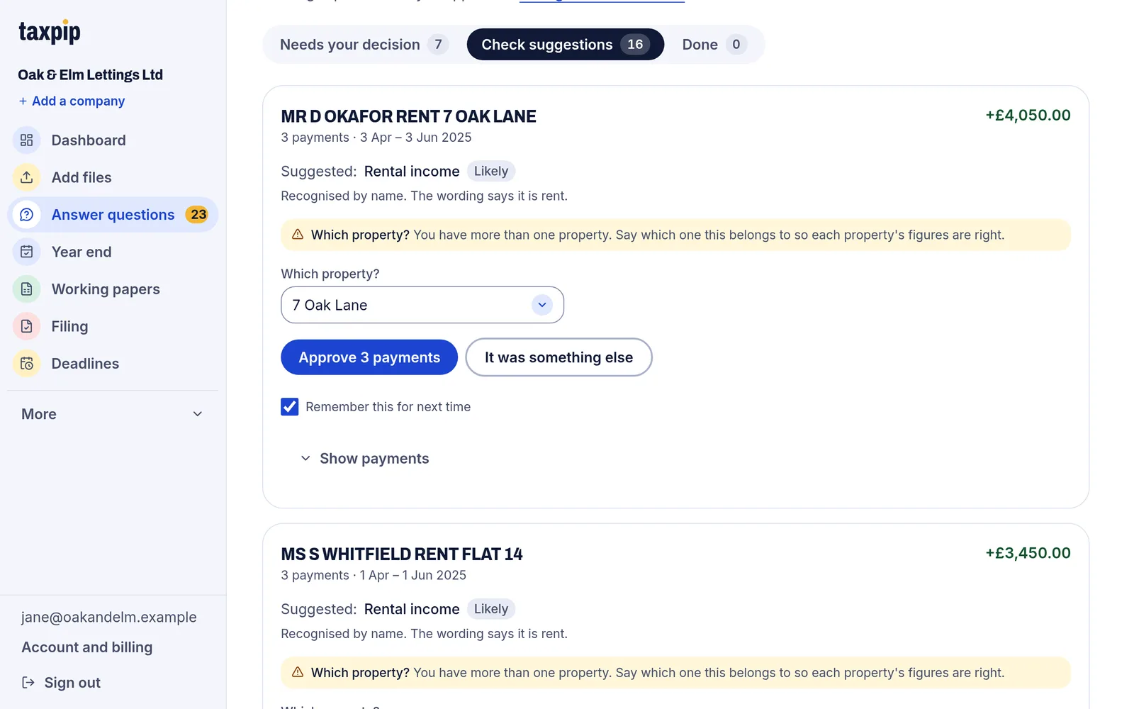 The Answer questions page showing three rent payments from one tenant as a group, with the suggestion Rental income, a choice of property and an Approve button.