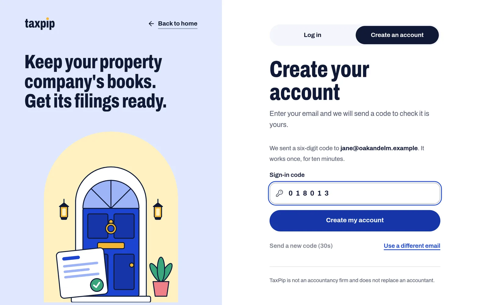 The same page after asking for a code, with the box for the six-digit sign-in code filled in.