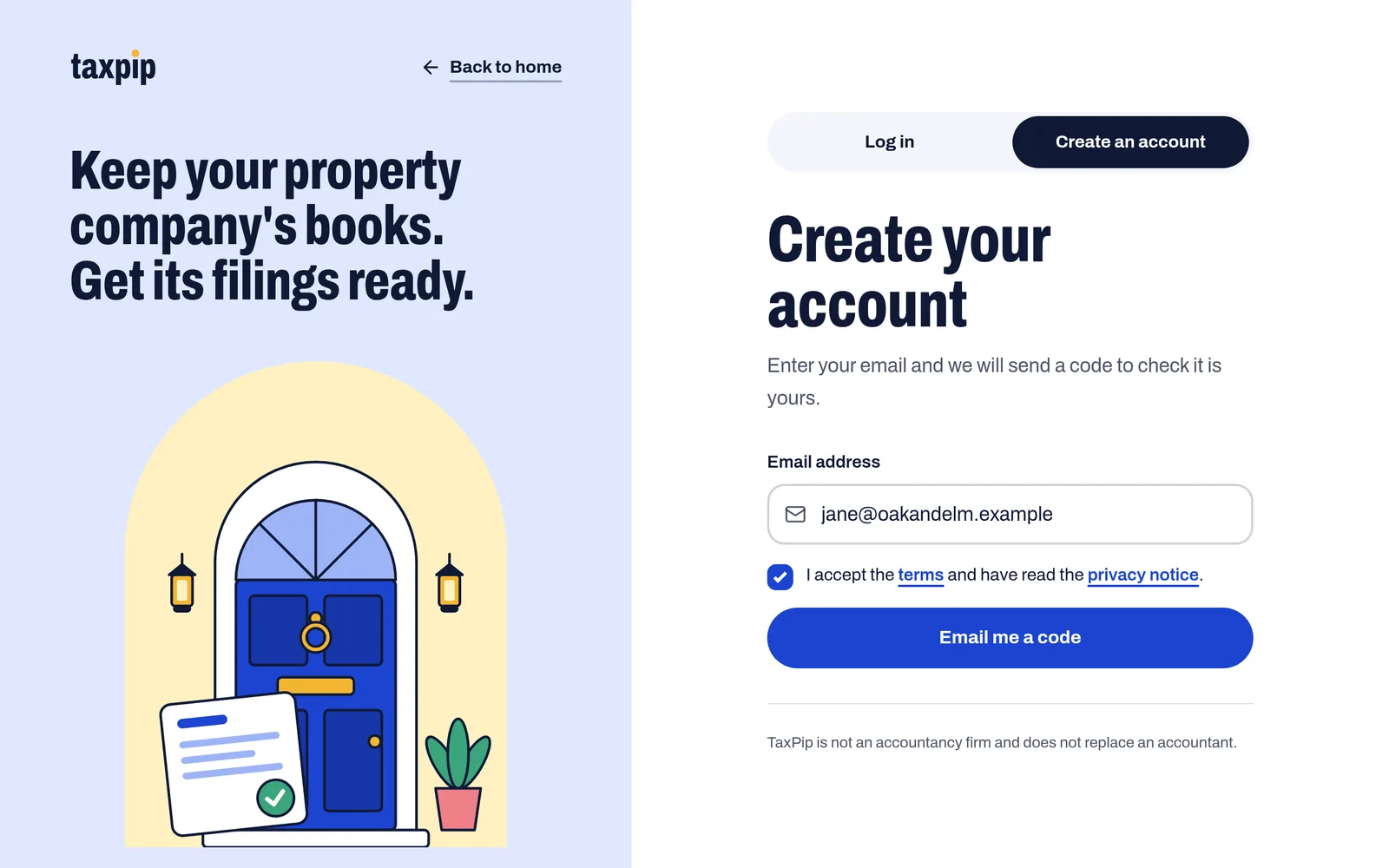 The Create an account page, with an email address filled in and the box to accept the terms and the privacy notice ticked.