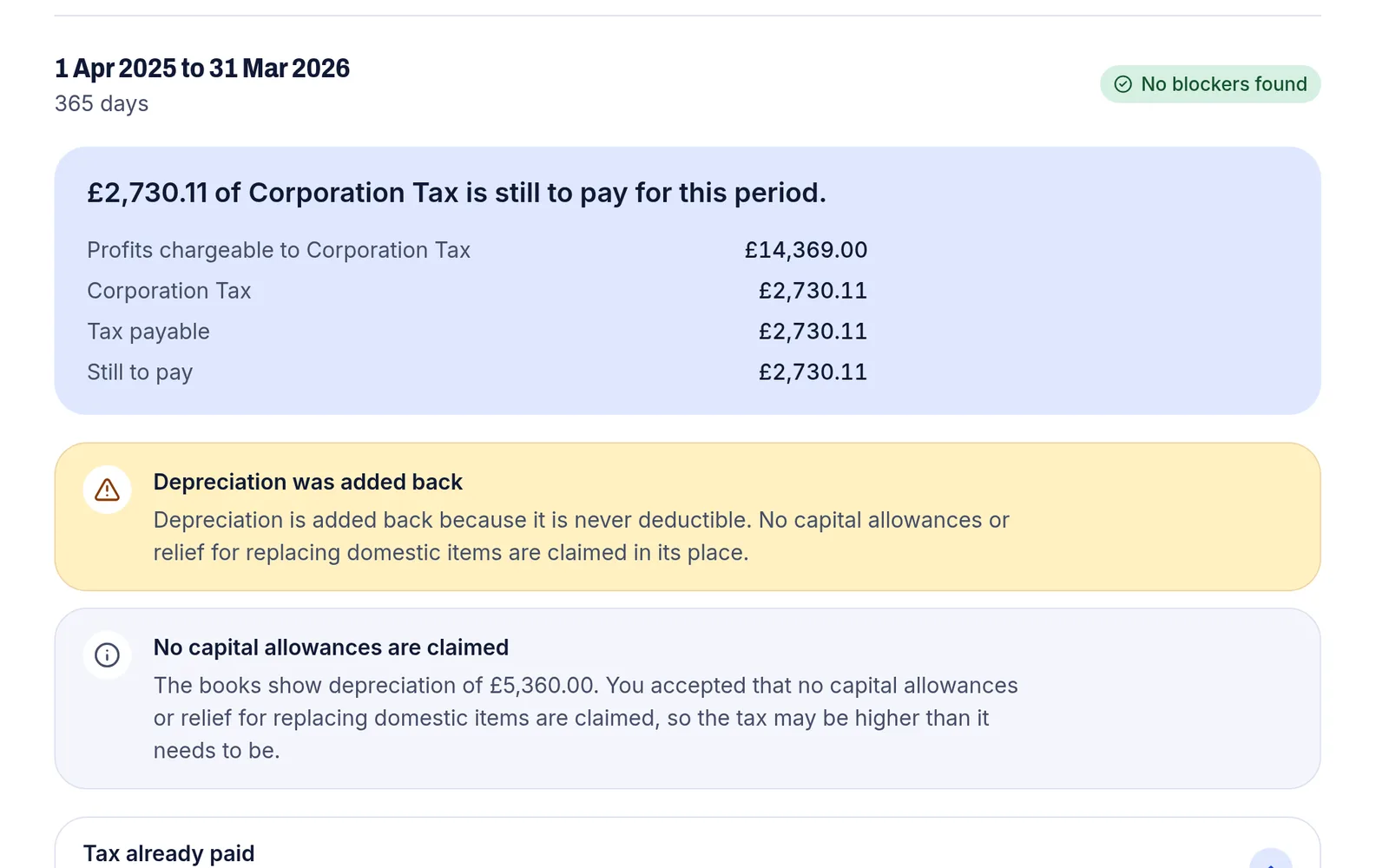 The Corporation Tax page for one accounting period, with the profit chargeable and the tax payable above a table that leads from the profit in the accounts to the profit for tax.