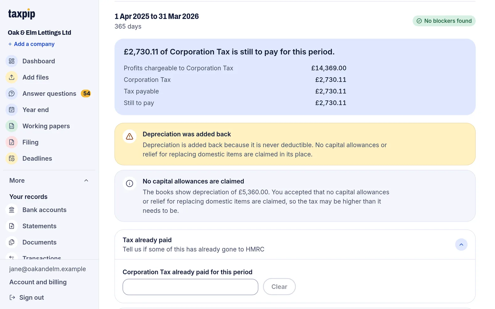 The Corporation Tax page for one accounting year: the tax still to pay, and the profits chargeable, the tax payable and what is still to pay.