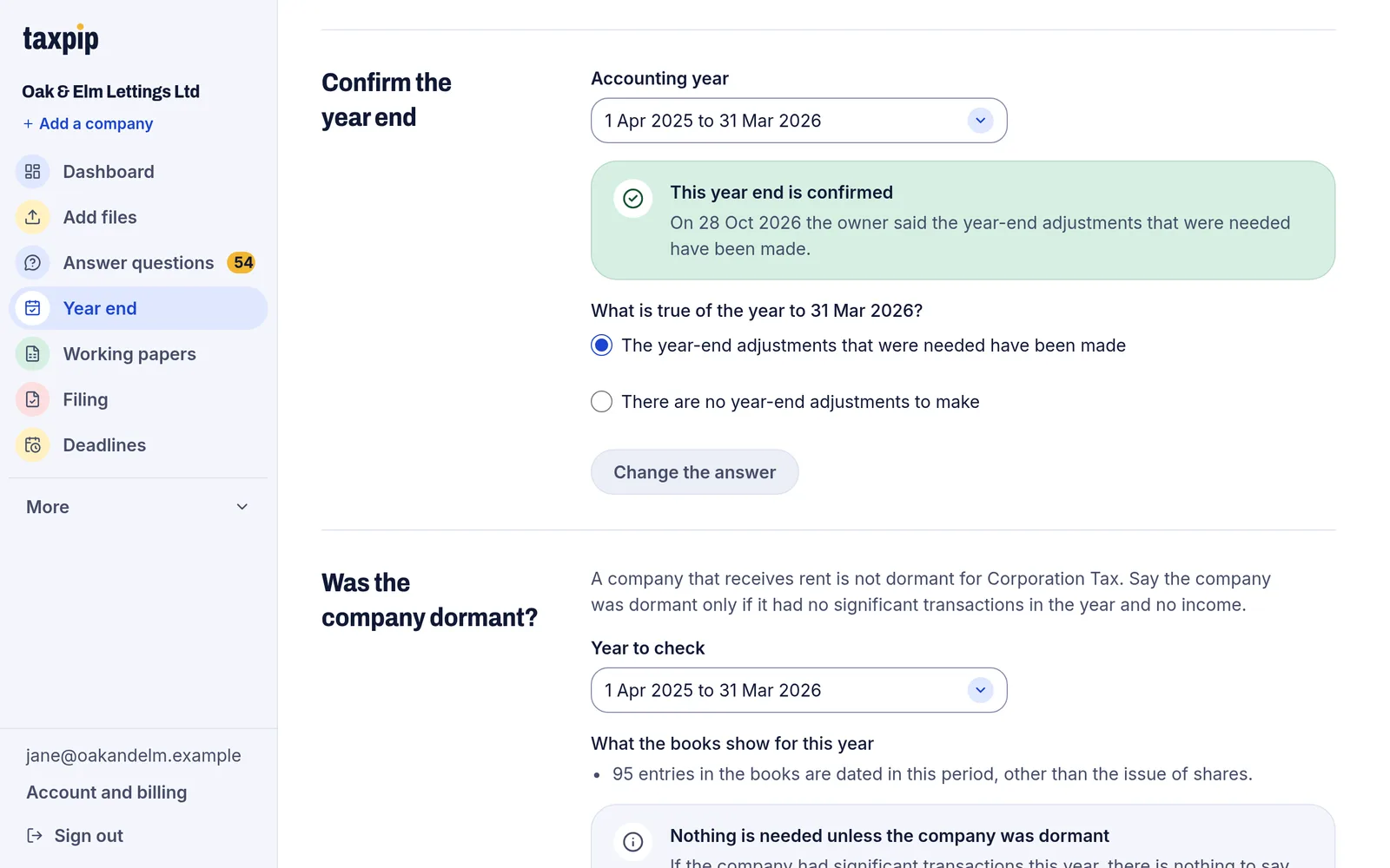 The Year end page, with the year-end adjustments confirmed for the accounting year.